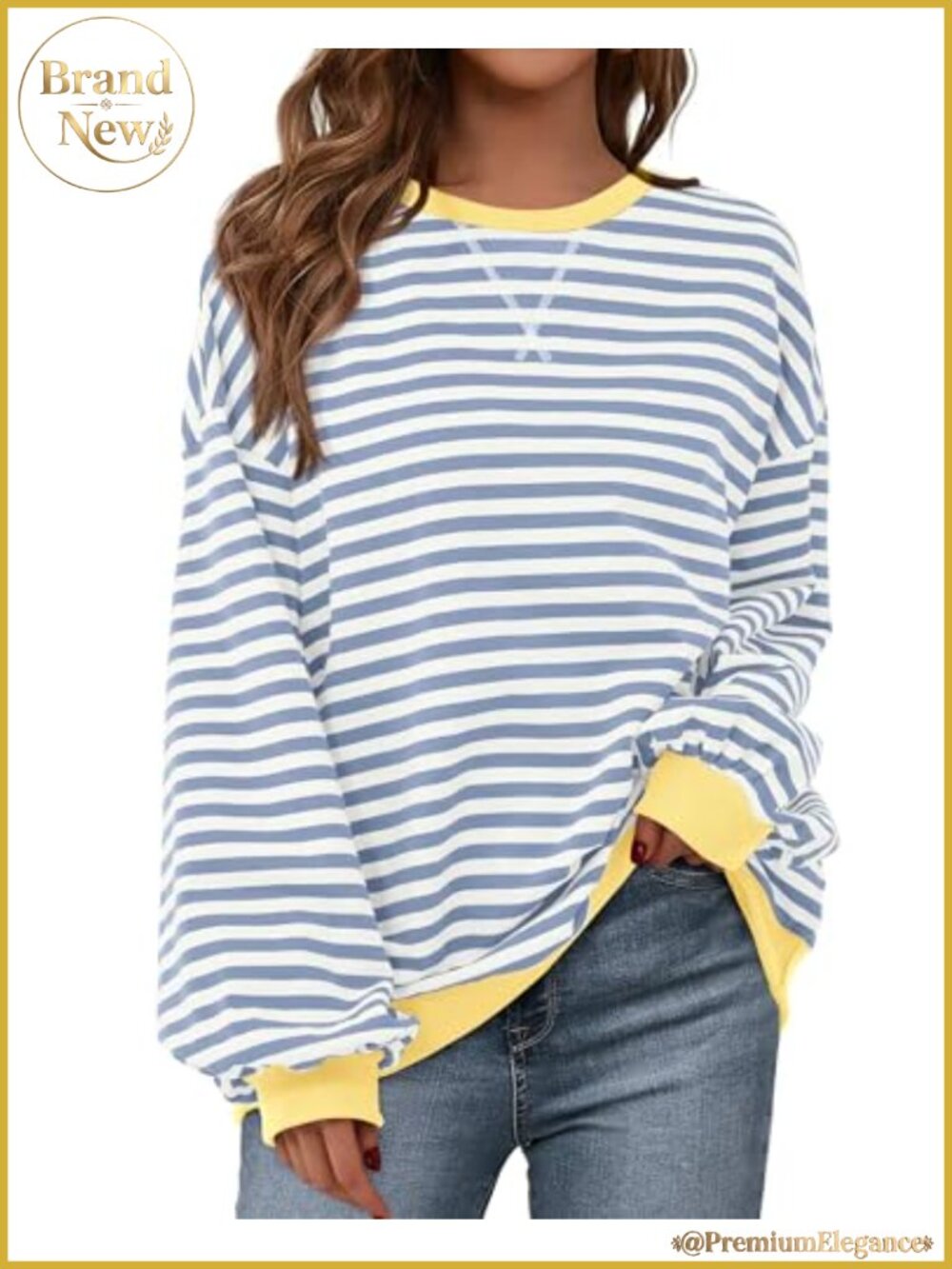 Oversized Crewneck Sweatshirt Women Long Sleeve Striped Y2K Lantern Sleeve